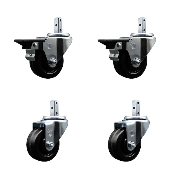3'' Phenolic Wheel Swivel 3/4'' Square Stem Caster Set 2 Brakes, 4PK